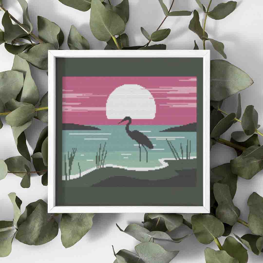 Stitched and framed preview of Heron Counted Cross Stitch Pattern and Kit