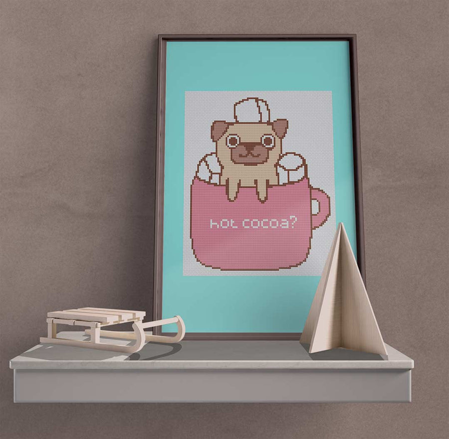 Stitched and framed preview of Hot Cocoa? Counted Cross Stitch Pattern and Kit