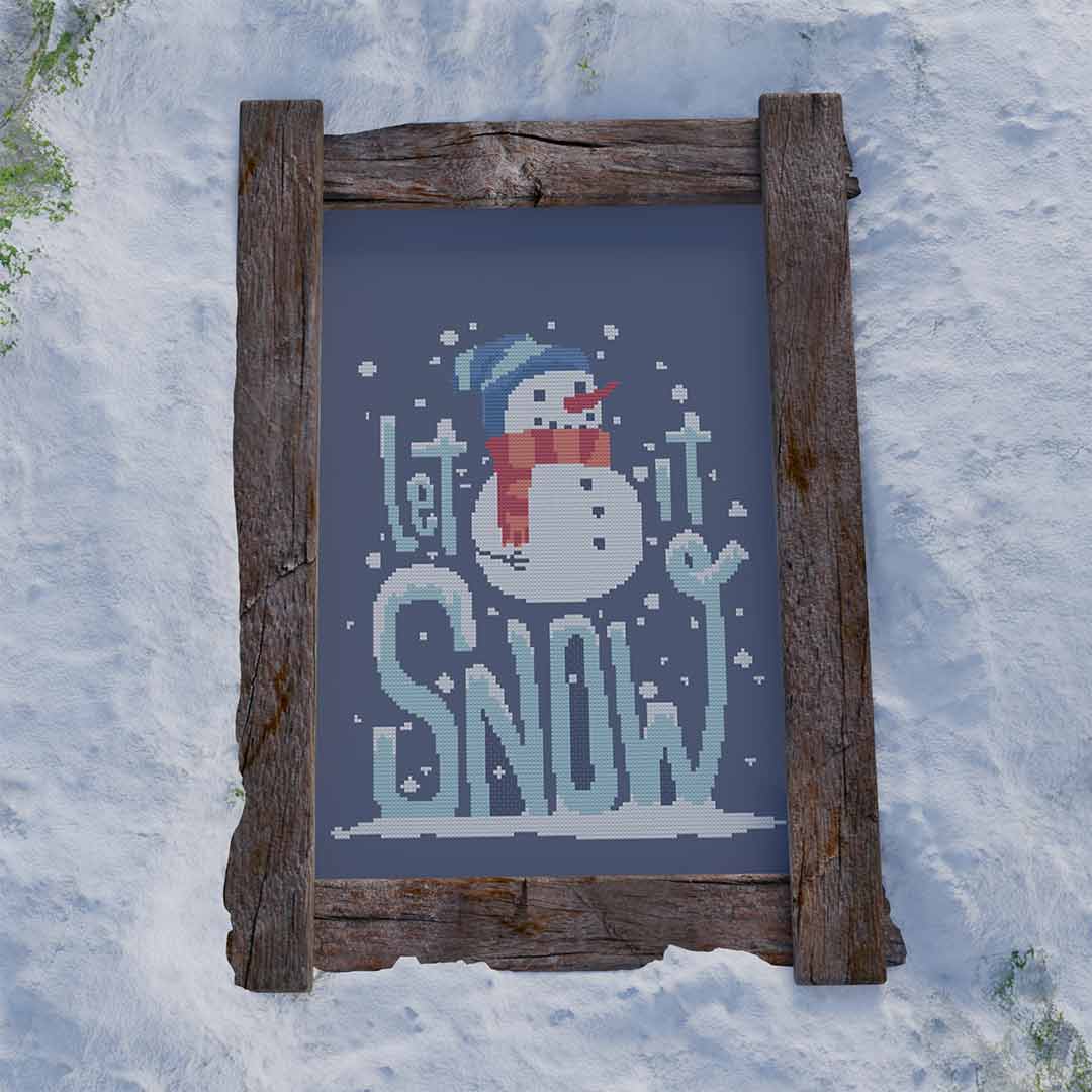 Stitched and framed preview of Let It Snow Counted Cross Stitch Pattern and Kit