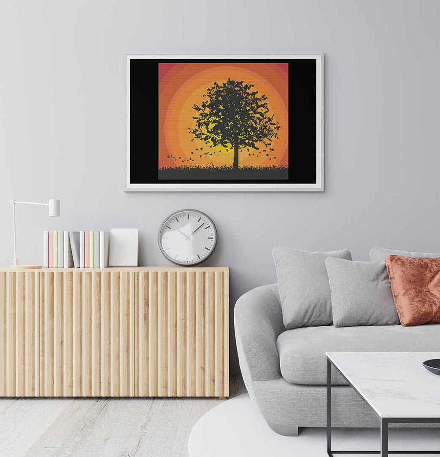 Stitched and framed preview of Maple In The Wind Counted Cross Stitch Pattern and Kit