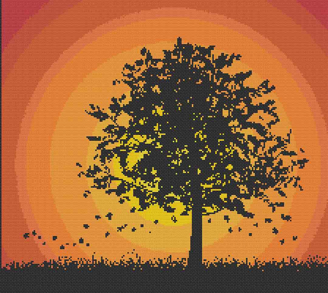Stitched preview of Maple In The Wind Counted Cross Stitch Pattern and Kit