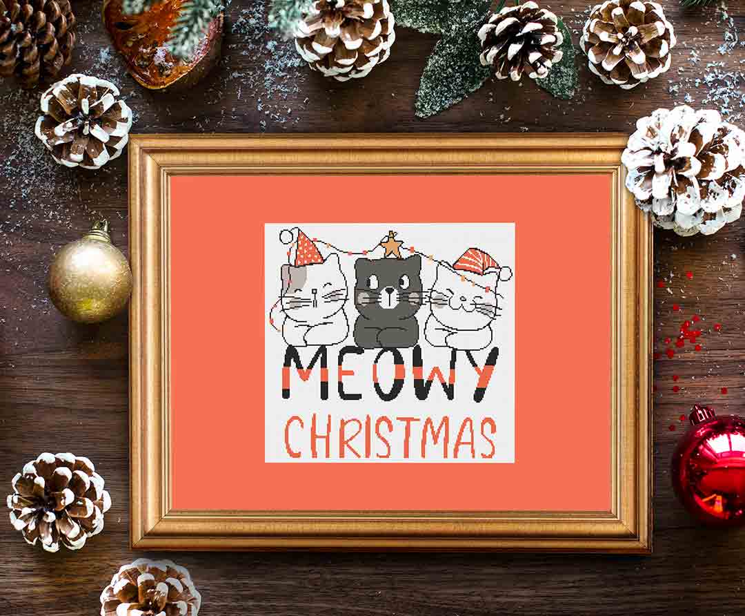 Stitched and framed preview of Meowy Christmas Counted Cross Stitch Pattern and Kit