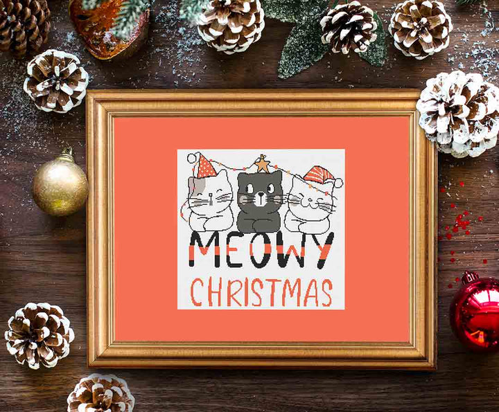 Stitched and framed preview of Meowy Christmas Counted Cross Stitch Pattern and Kit