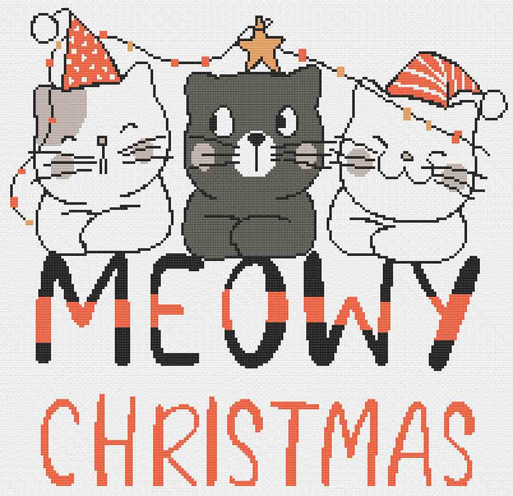 Stitched preview of Meowy Christmas Counted Cross Stitch Pattern and Kit