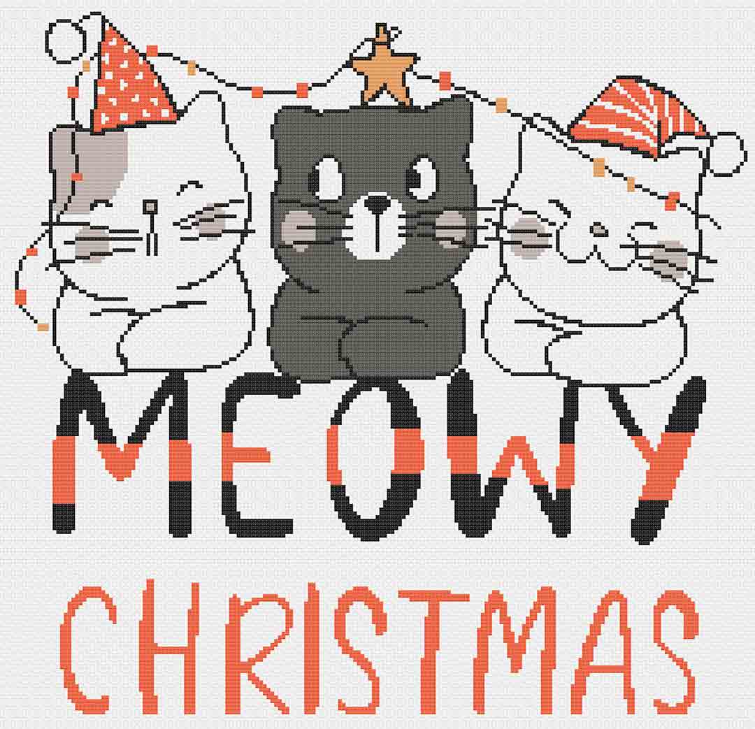 Stitched preview of Meowy Christmas Counted Cross Stitch Pattern and Kit