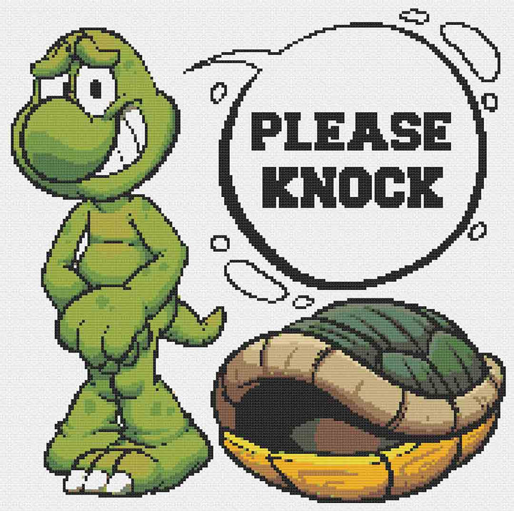 Stitched preview of Please Knock Counted Cross Stitch Pattern and Kit