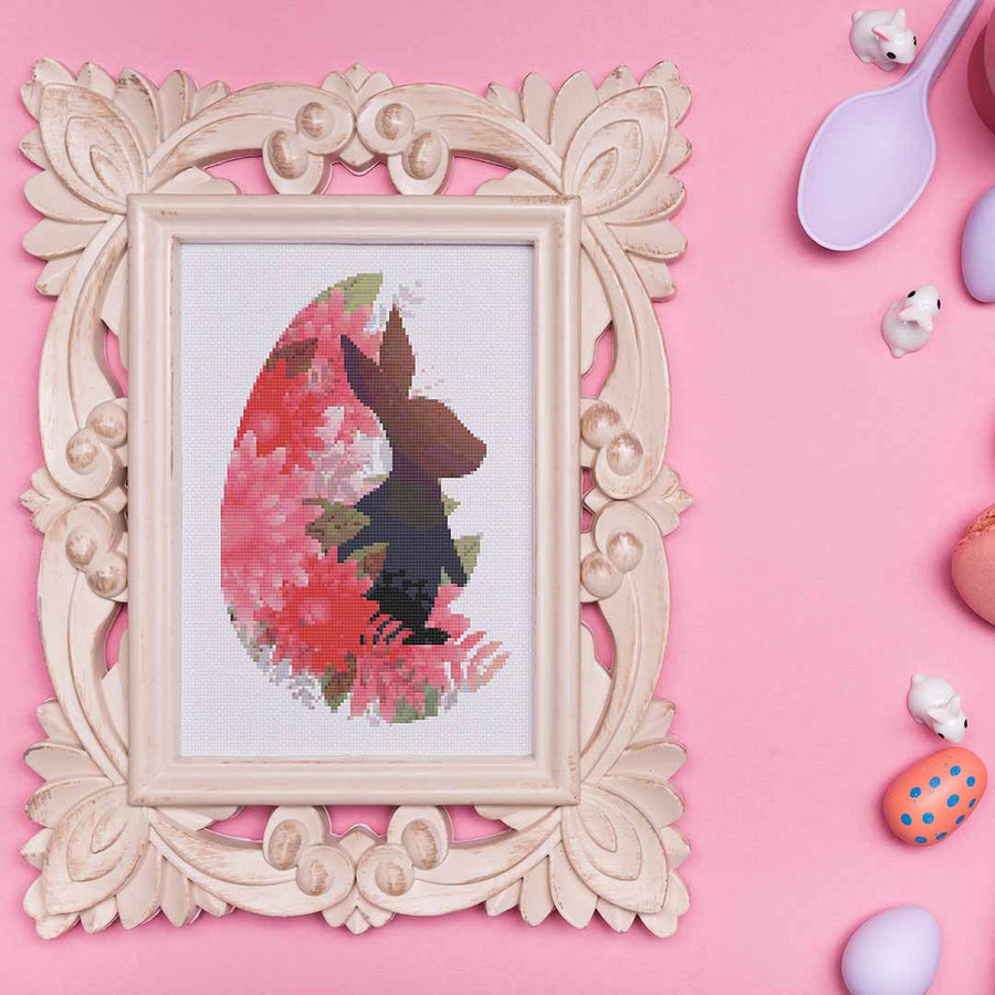 Stitched and framed preview of Silhouette Rabbit Counted Cross Stitch Pattern and Kit