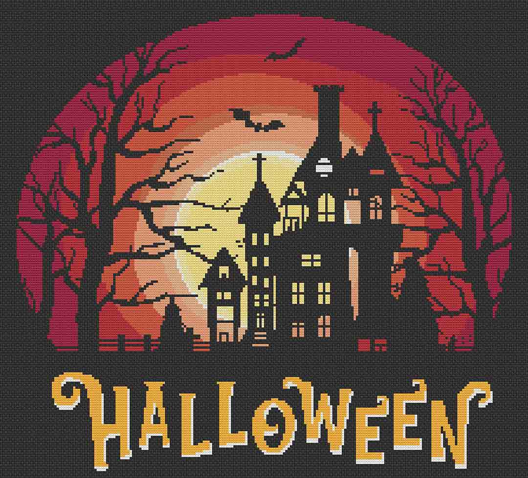 Stitched preview of Spooky Silhouette Counted Cross Stitch Pattern and Kit