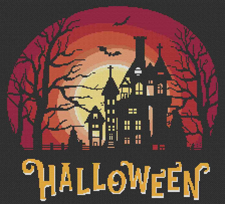 Stitched preview of Spooky Silhouette Counted Cross Stitch Pattern and Kit