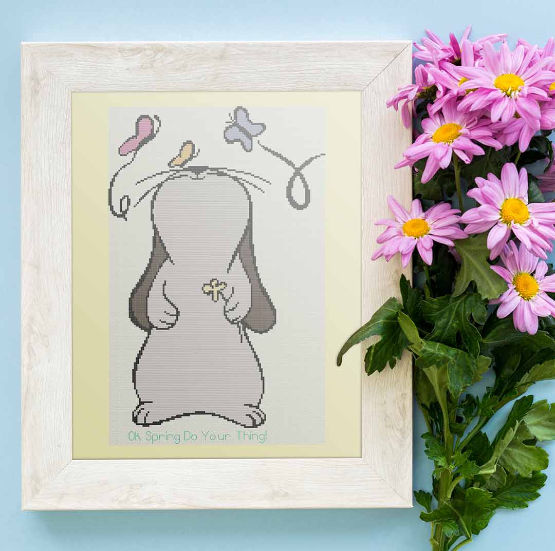Stitched and framed preview of Spring Thing Counted Cross Stitch Pattern and Kit