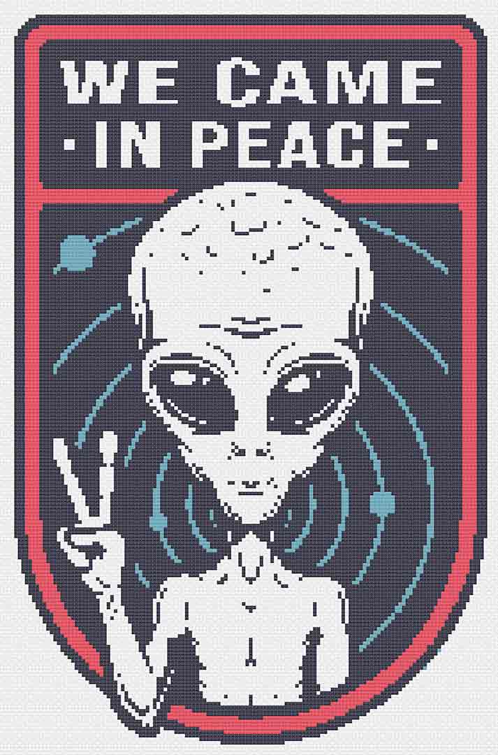 Stitched preview of We Came In Peace Counted Cross Stitch Pattern and Kit
