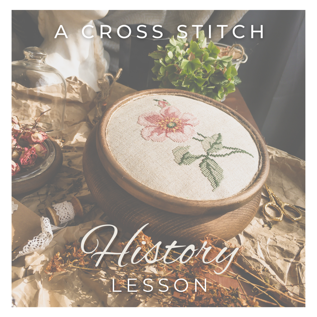 Photo of a cross stitched project with the title "A Cross Stitch History Lesson"
