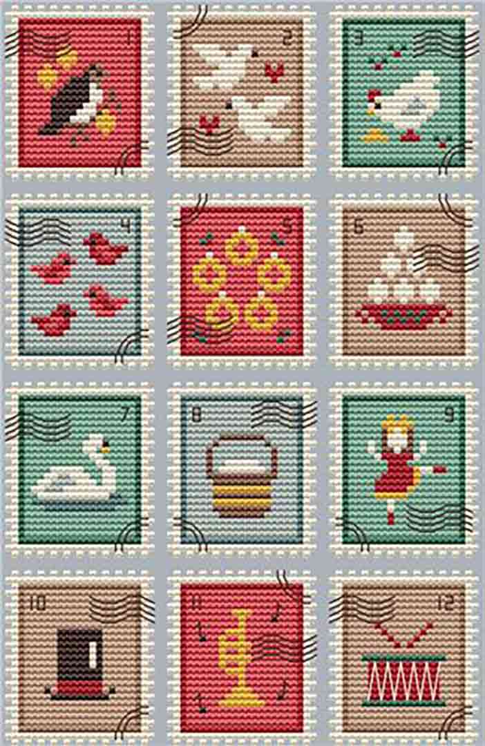 A stitched preview of the counted cross stitch pattern 12 Days Of Christmas Stamps by Kate Spiridonova