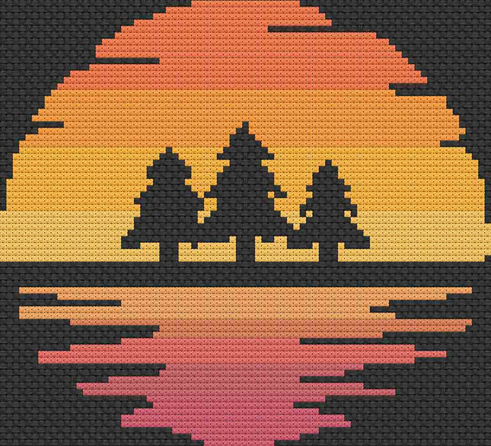 An image of a stitched preview of "3 Pines" a counted cross stitch pattern and kit by Stitch Wit