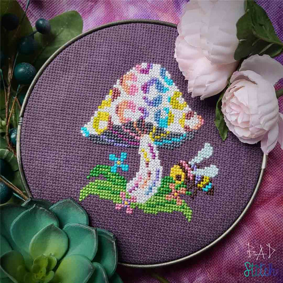 A stitched preview of the counted cross stitch pattern 90s Nostalgia Mushroom by BAD Stitch