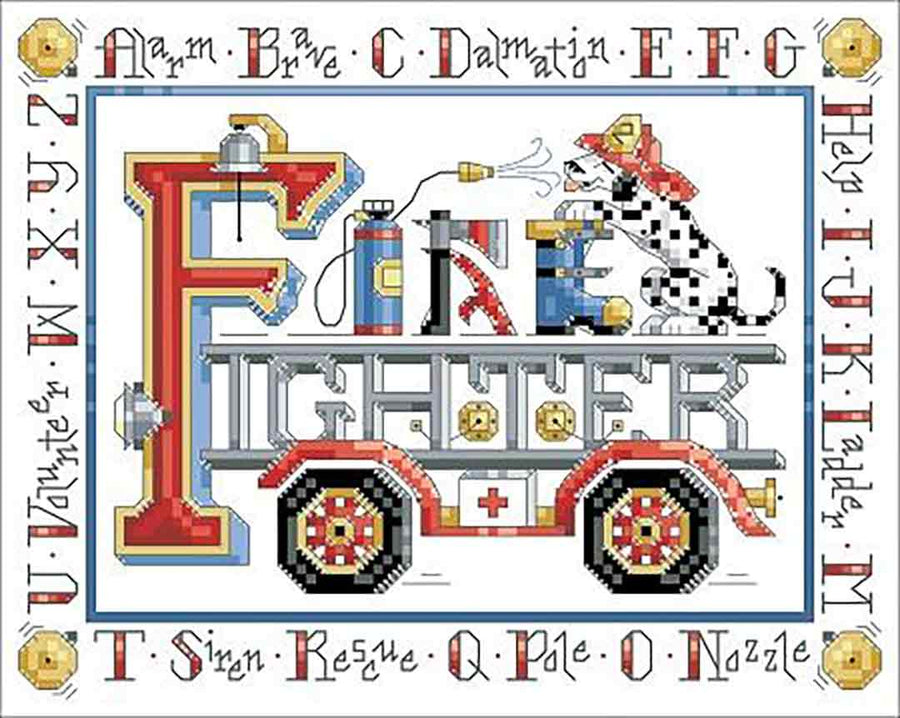 A stitched preview of the counted cross stitch pattern ABC's Of Fire Fighters by Kooler Design Studio