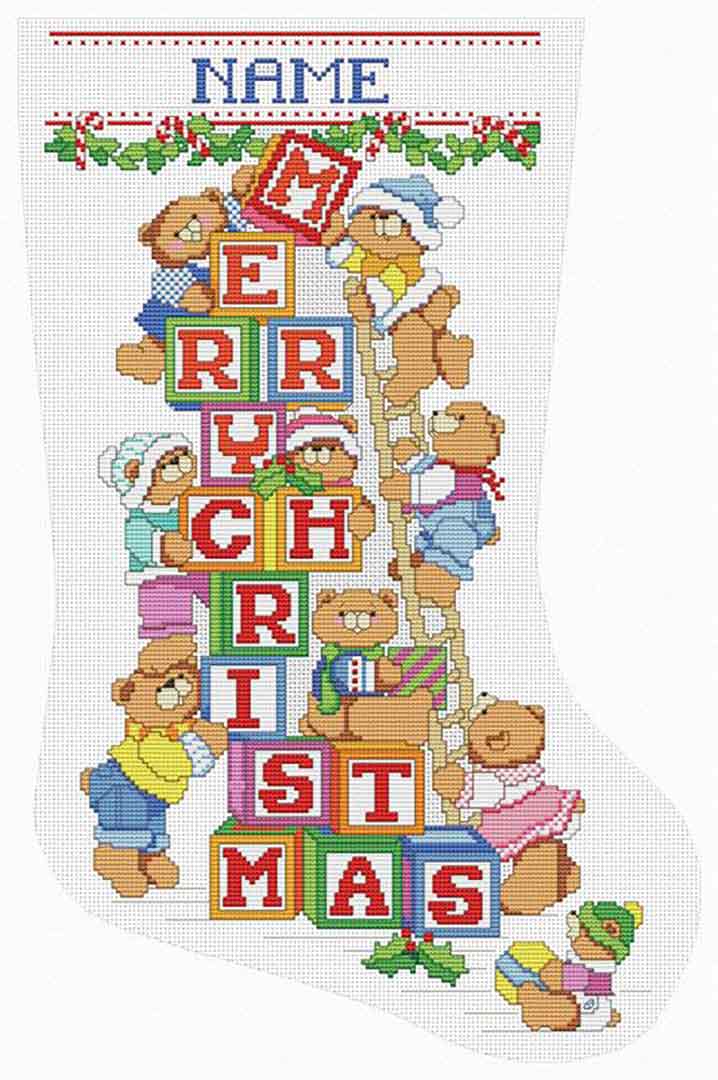 A stitched preview of the counted cross stitch pattern A Beary Merry Christmas Stocking by Kooler Design Studio