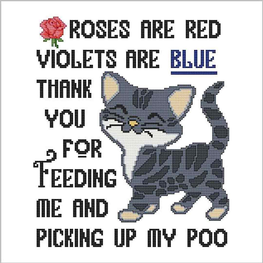 A stitched preview of the counted cross stitch pattern A Cat Saying - Roses Are Red by Marcia Manning