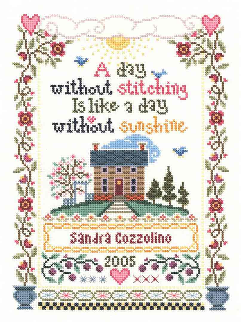 A stitched preview of the counted cross stitch pattern A Day Without Stitching by Sandra Cozzolino