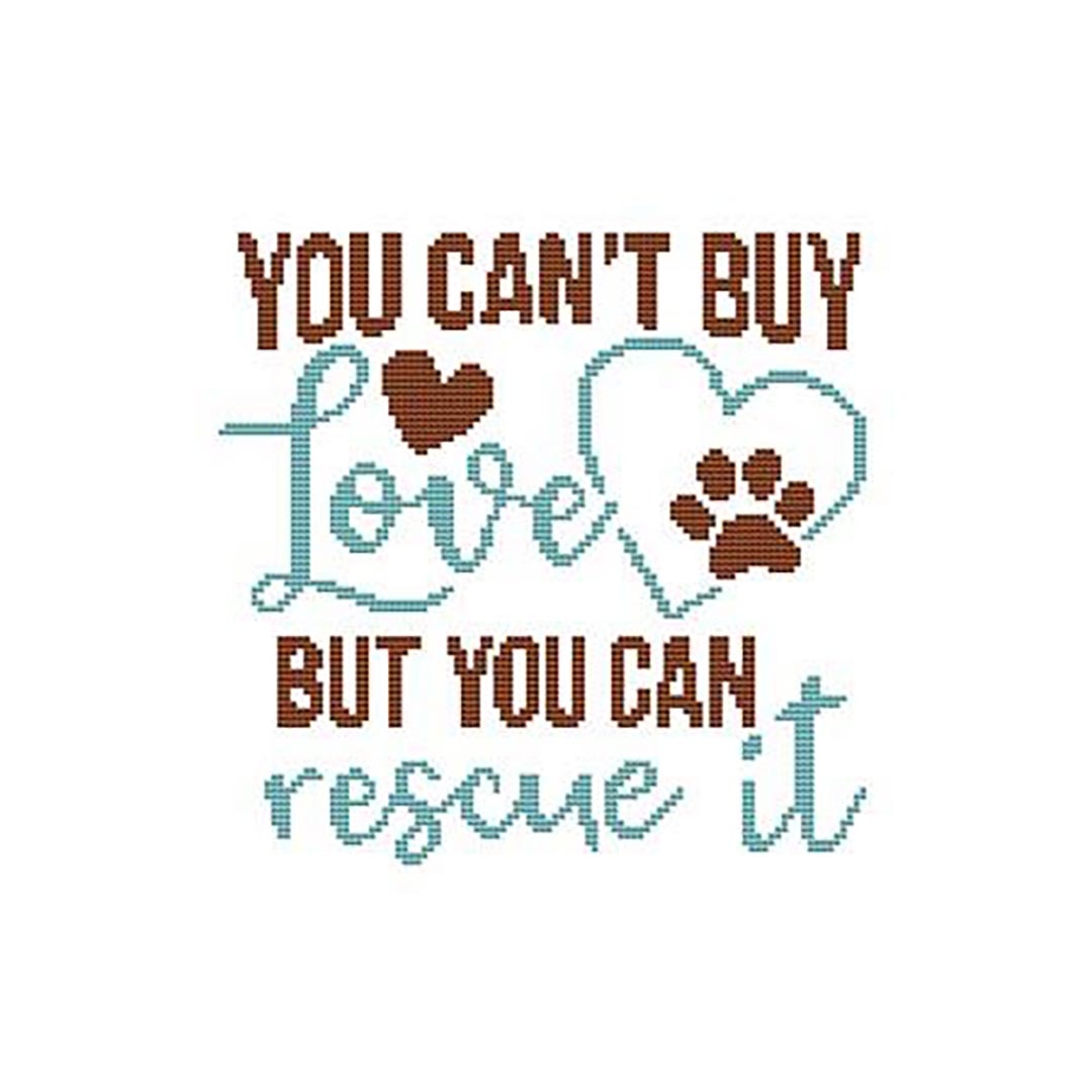 A stitched preview of the counted cross stitch pattern A Dog Saying - You Can't Buy Love by Marcia Manning