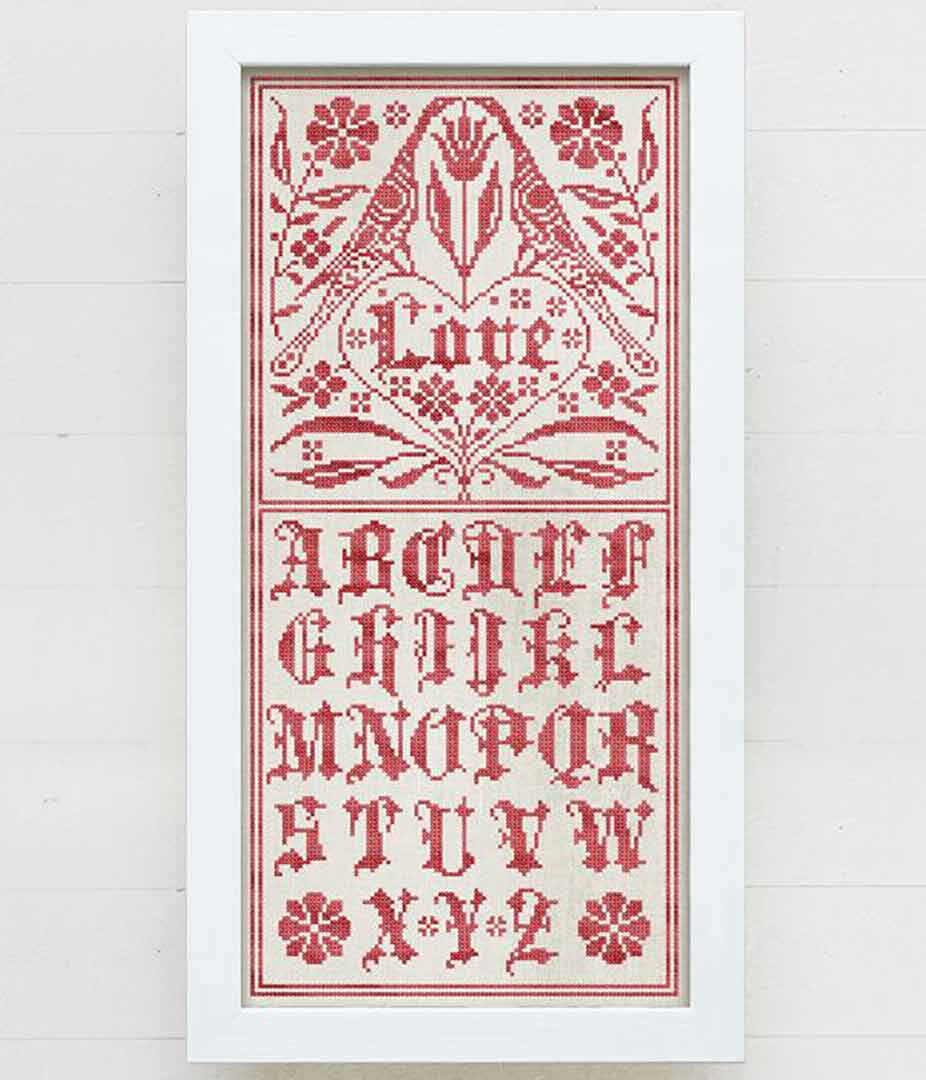 A stitched preview of the counted cross stitch pattern A Fraktur Love Sampler by Modern Folk Embroidery
