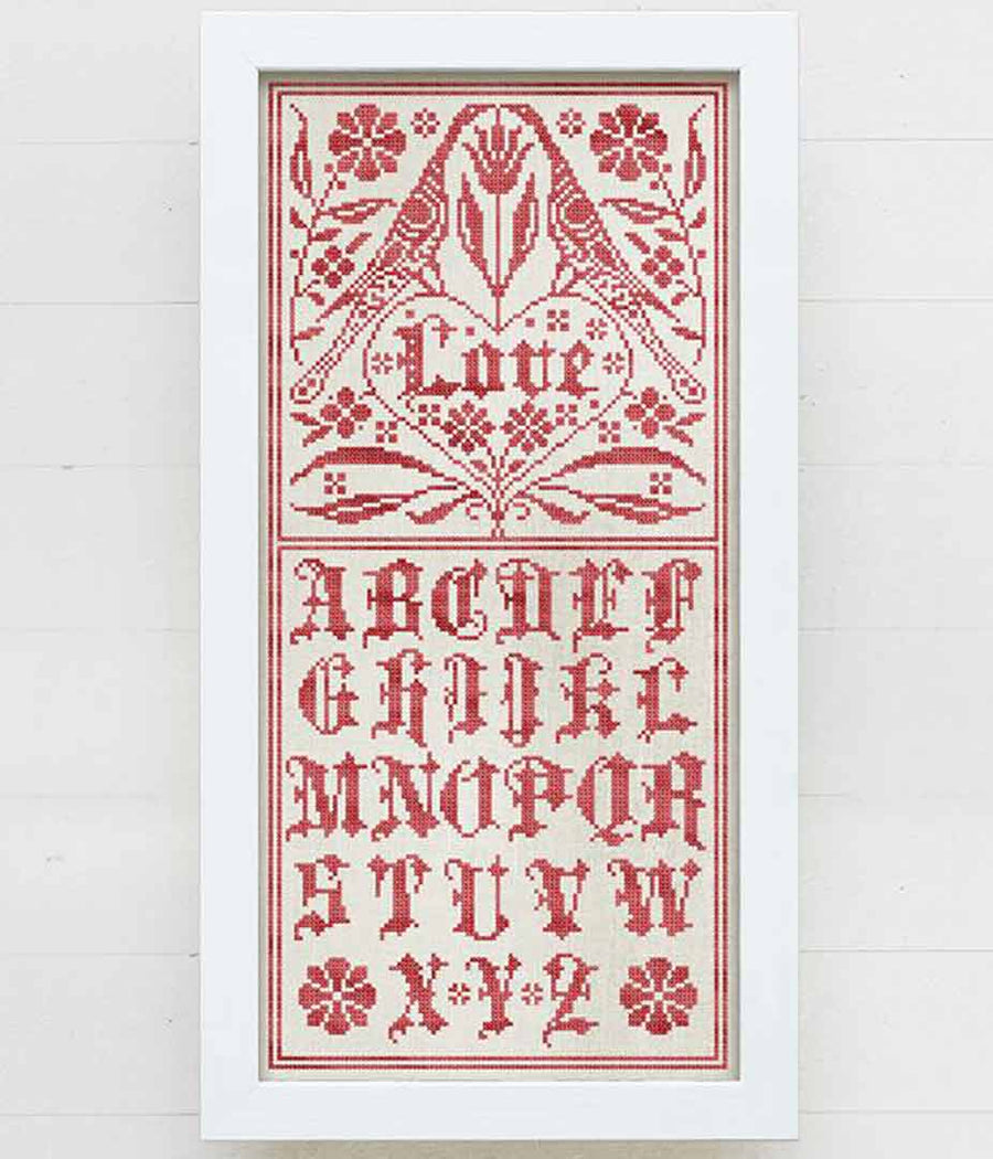 A stitched preview of the counted cross stitch pattern A Fraktur Love Sampler by Modern Folk Embroidery