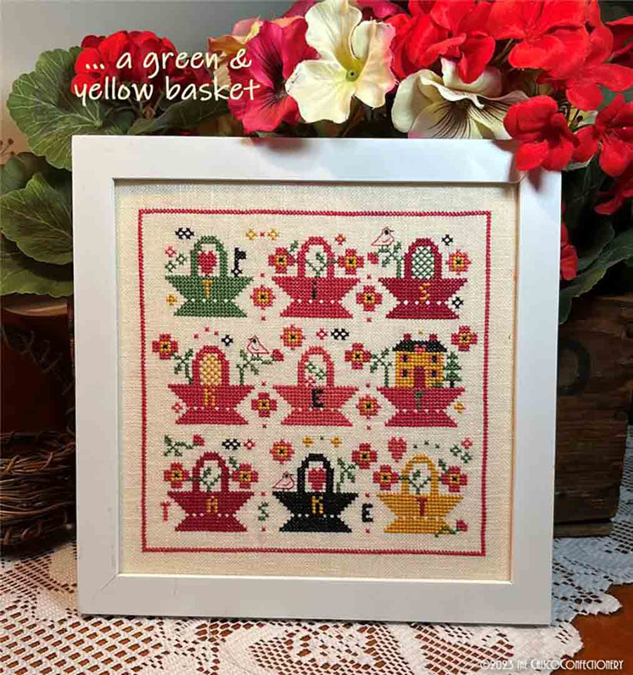 A stitched preview of the counted cross stitch pattern A Green & Yellow Basket by The Calico Confectionery