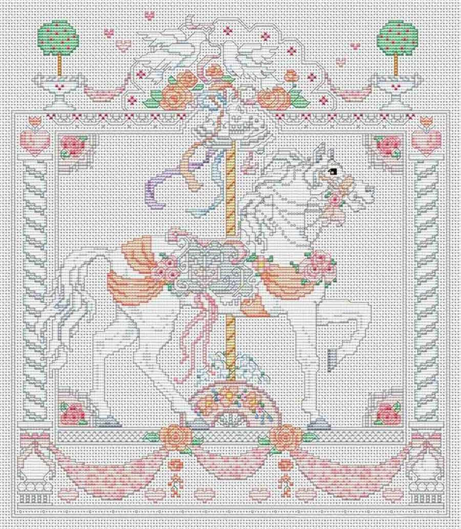 A stitched preview of the counted cross stitch pattern A June Affair Carousel Horse by Kooler Design Studio
