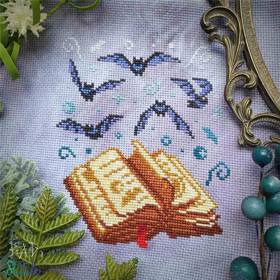 A stitched preview of the counted cross stitch pattern A Study In Bats by BAD Stitch
