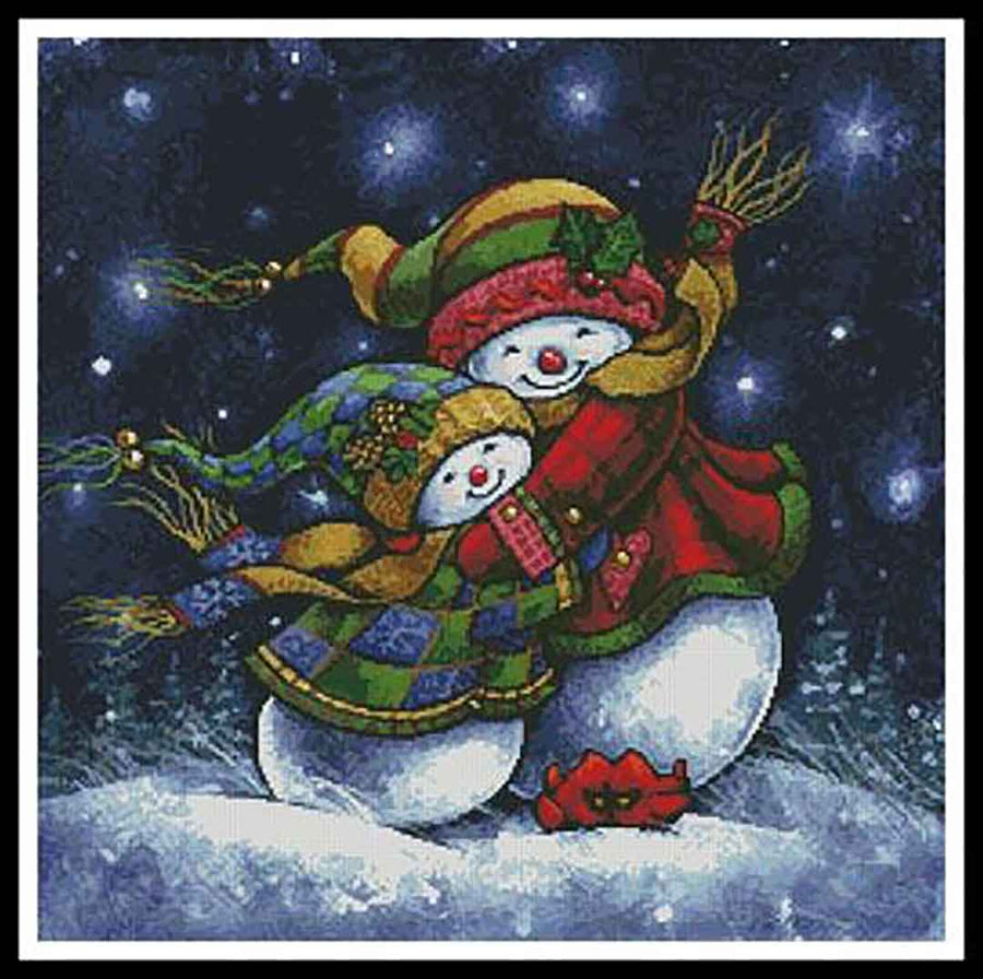A stitched preview of the counted cross stitch pattern A Winter Hug by Artecy Cross Stitch