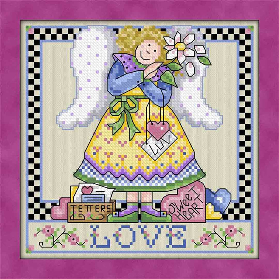 A stitched preview of the counted cross stitch pattern A Year Of Angels February Love by Joan A Elliott