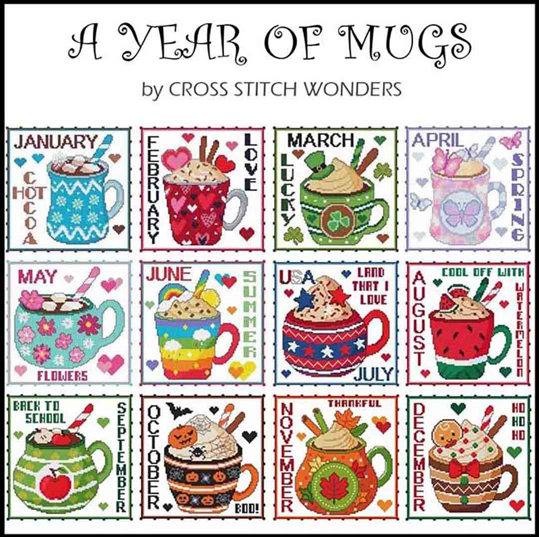 A stitched preview of the counted cross stitch pattern A Year Of Mugs - All 12 Months by Marcia Manning