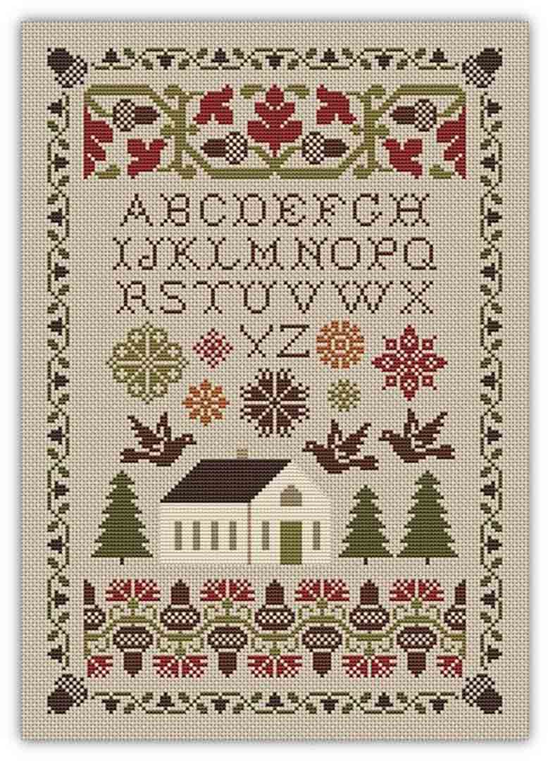 A stitched preview of the counted cross stitch pattern Acorn Alphabet Sampler by Happiness Is Heartmade
