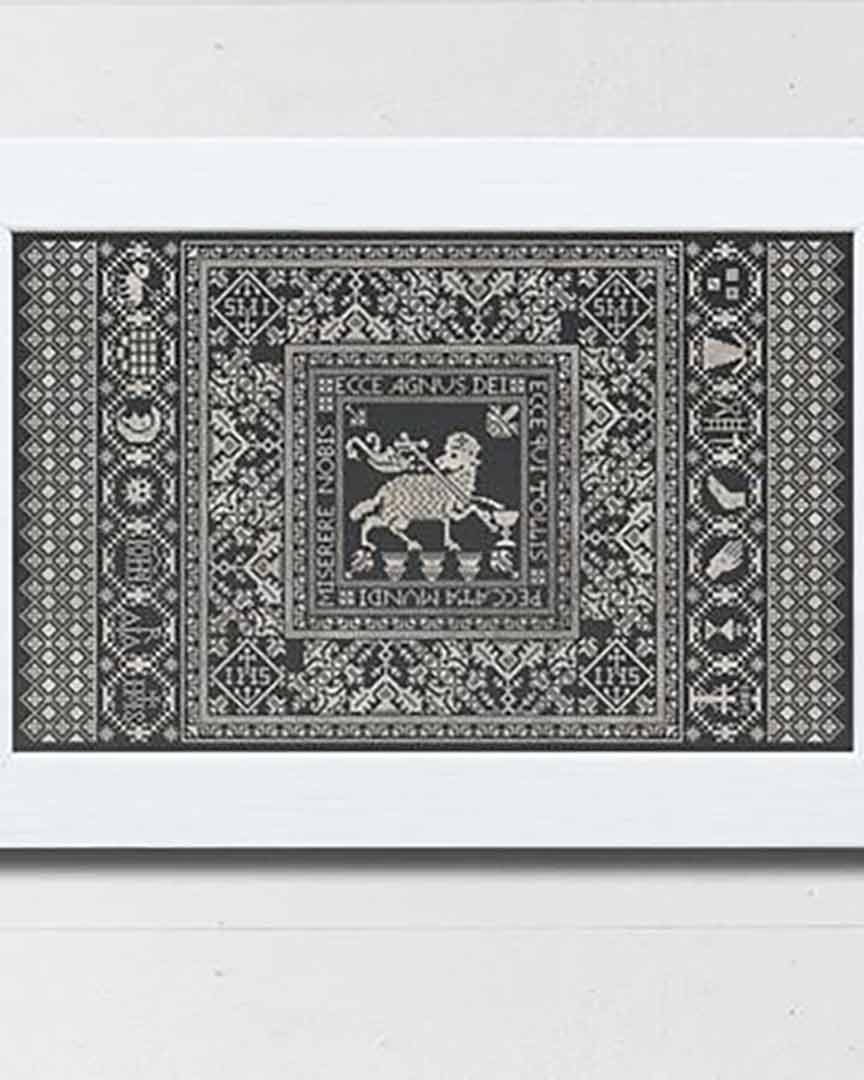 A stitched preview of the counted cross stitch pattern Agnus Dei: An Eastertide Design by Modern Folk Embroidery