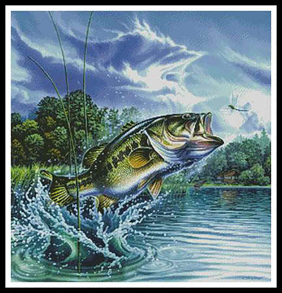 A stitched preview of the counted cross stitch pattern Airborne Bass by Artecy Cross Stitch