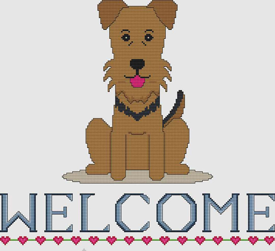 A stitched preview of the counted cross stitch pattern Airedale Terrier Welcome by DogShoppe Designs