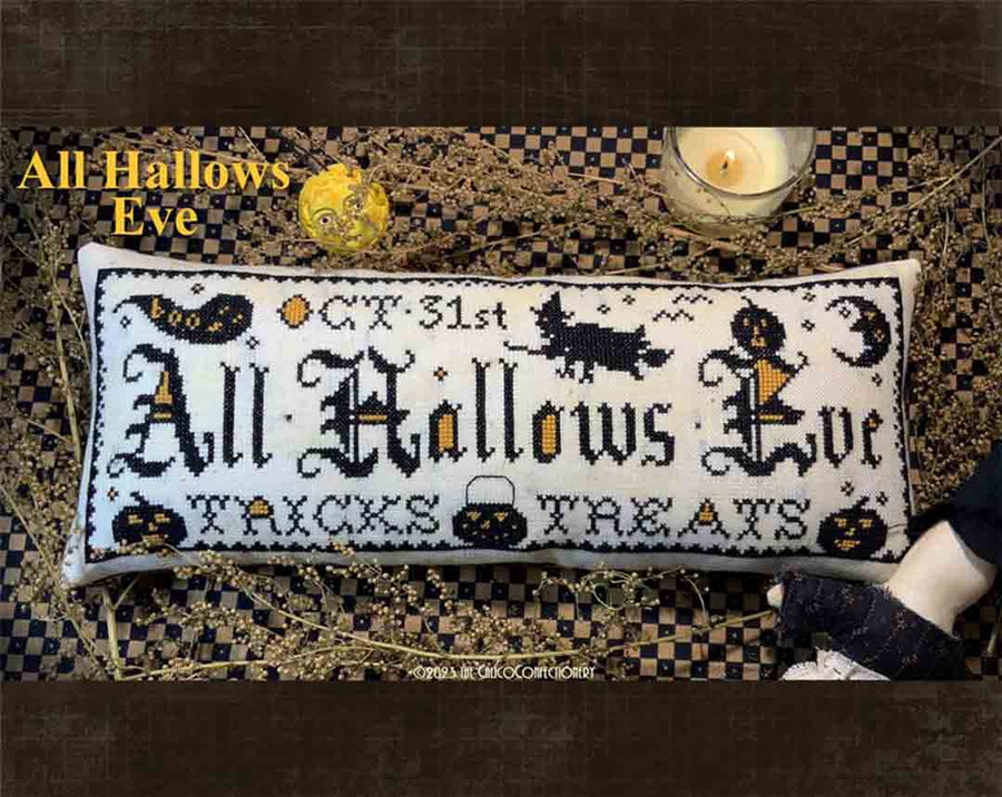 A stitched preview of the counted cross stitch pattern All Hallows Eve by The Calico Confectionery