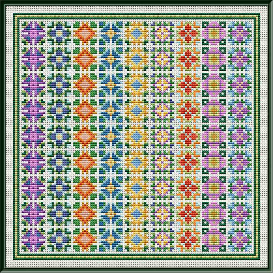A stitched preview of the counted cross stitch pattern All In A Row by Carolyn Manning Designs