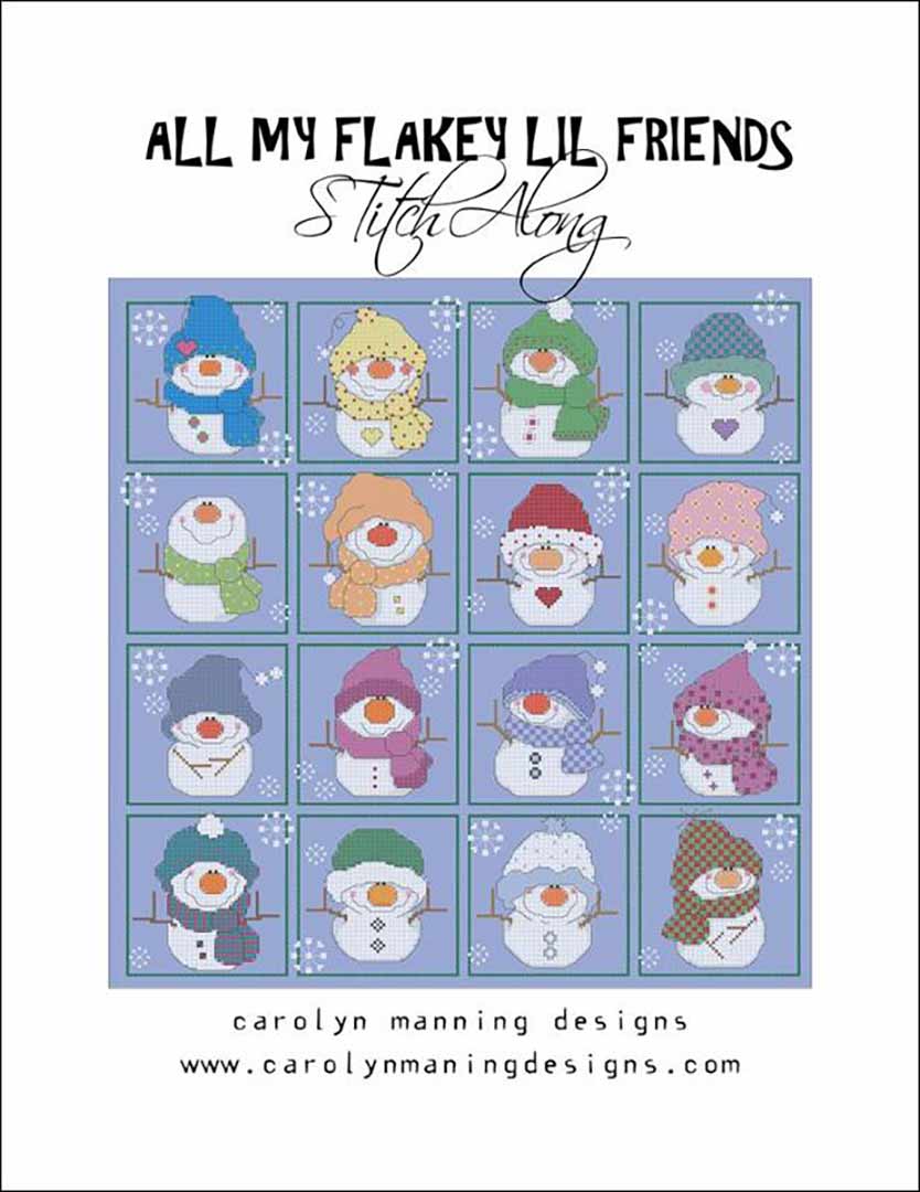 A stitched preview of the counted cross stitch pattern All My Flakey Lil Friends by Carolyn Manning Designs