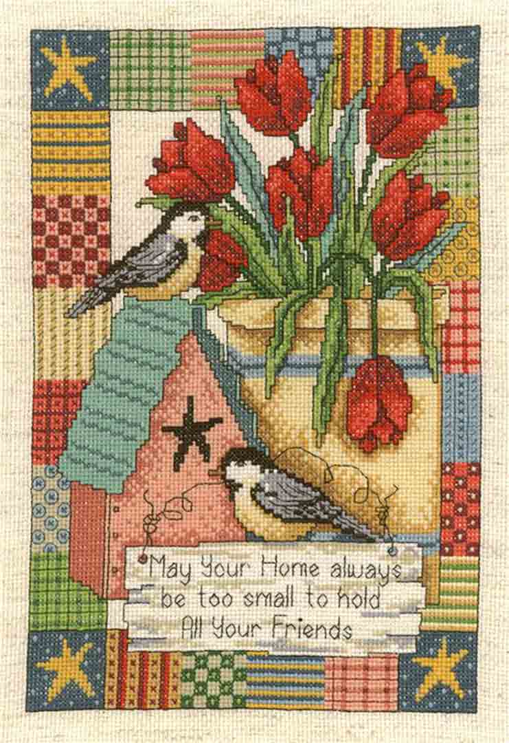 A stitched preview of the counted cross stitch pattern All Your Friends by Diane Arthurs