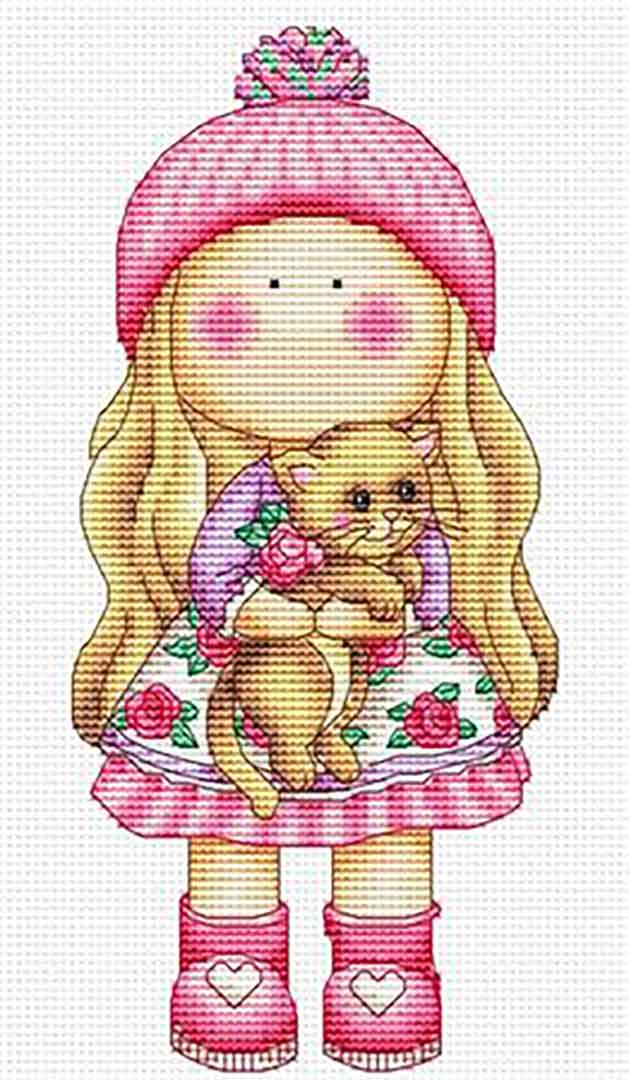 A stitched preview of the counted cross stitch pattern Amber With Cat by Les Petites Croix De Lucie