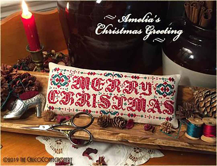 A stitched preview of the counted cross stitch pattern Amelia's Christmas Greeting by The Calico Confectionery