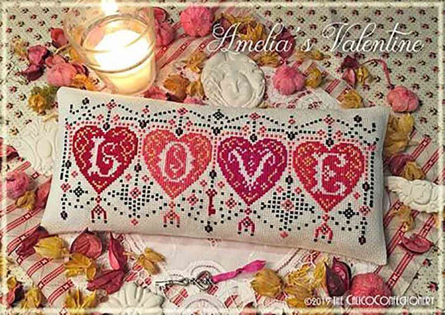 A stitched preview of the counted cross stitch pattern Amelia's Valentine by The Calico Confectionery