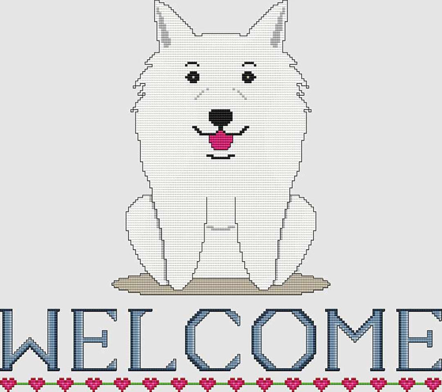 A stitched preview of the counted cross stitch pattern American Eskimo Welcome by DogShoppe Designs