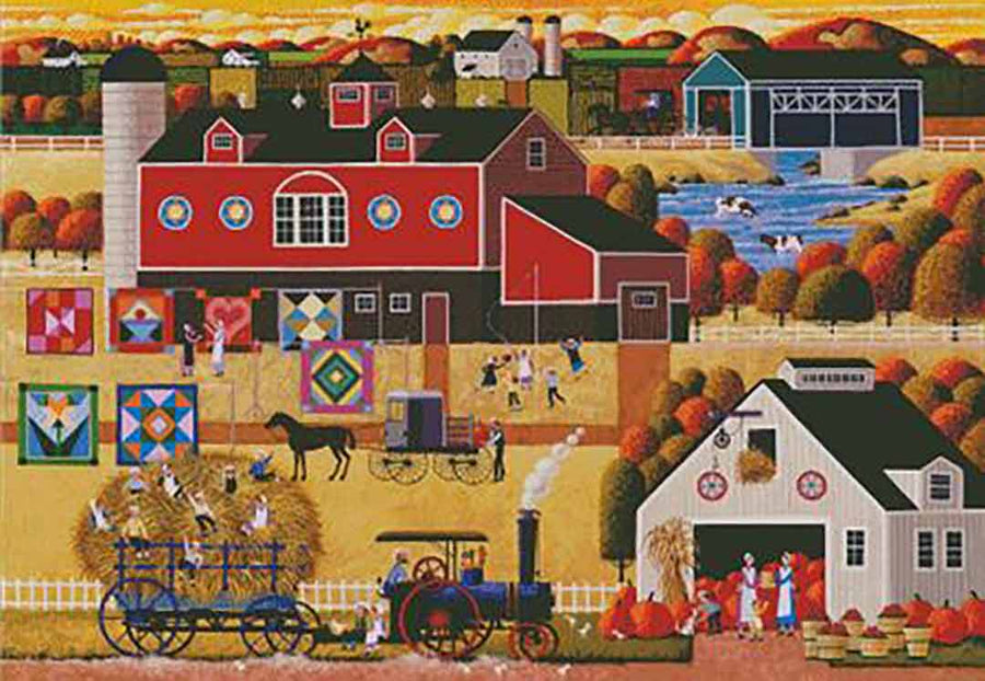 A stitched preview of the counted cross stitch pattern Amish Harvest by Charting Creations