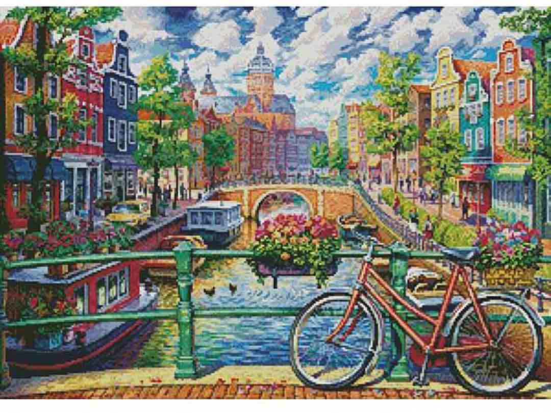 A stitched preview of the counted cross stitch pattern Amsterdam Canal by Artecy Cross Stitch