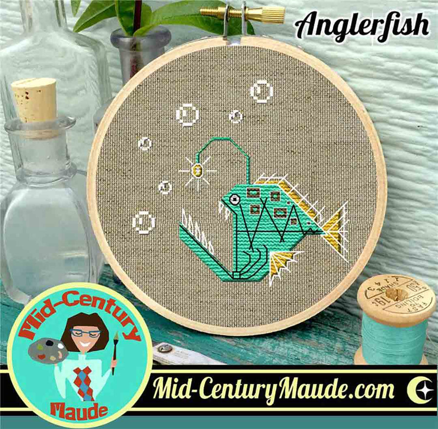 A stitched preview of the counted cross stitch pattern Anglerfish by Mid-Century Maude