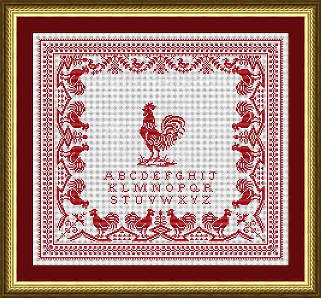 A stitched preview of the counted cross stitch pattern Antique Red Rooster Sampler by Happiness Is Heartmade