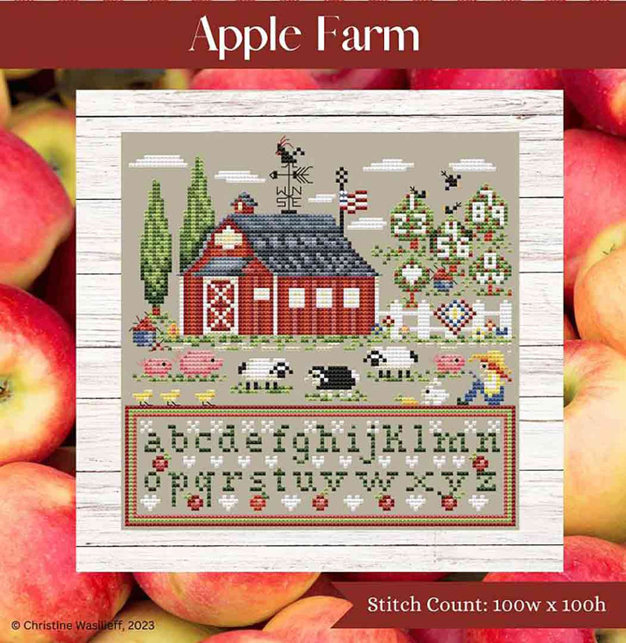 A stitched preview of the counted cross stitch pattern Apple Farm by Shannon Christine Designs