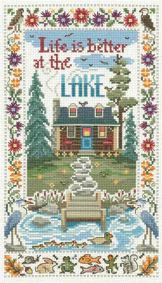 A stitched preview of the counted cross stitch pattern At The Lake by Sandra Cozzolino